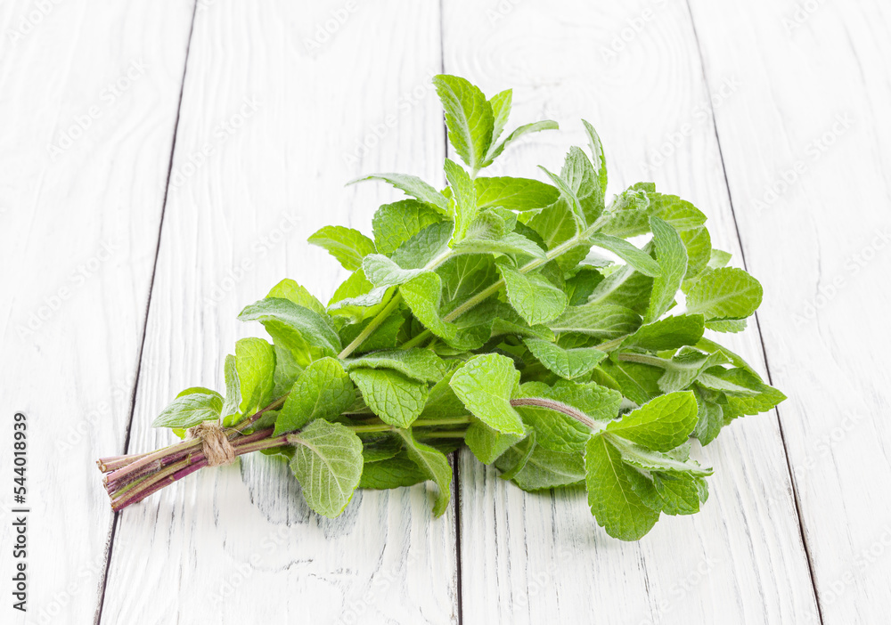 Bunch of fresh melissa on white wooden background