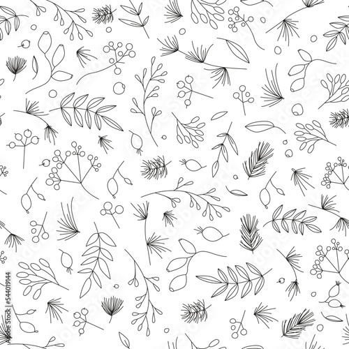 Seamless floral pattern for Xmas and new year celebration. Seamless paper texture with outline plants and berries elements. Winter mapping.