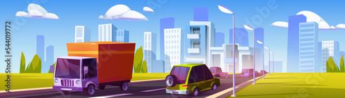 Traffic on highway against cityscape background. Cartoon vector illustration of cars and truck driving urban road on sunny day, green grass on roadside, skyscrapers under blue sky. Transportation