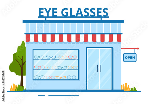 Eye Glasses Store or Optical Shop with Accessories, Optician, Checking Vision and Eyeglasses in Flat Cartoon Hand Drawn Templates Illustration