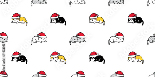 cat seamless pattern christmas santa claus hat sleeping vector kitten calico tile background scarf isolated gift wrapping paper repeat wallpaper cartoon illustration design