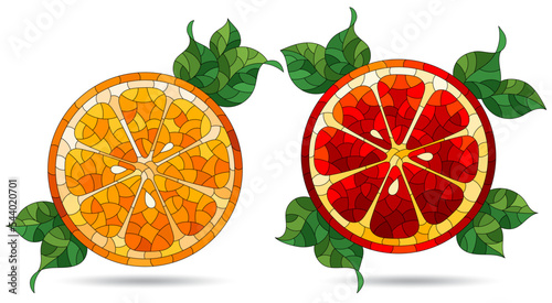 A set of illustrations in the style of stained glass with orange slices, fruit isolated on a white background