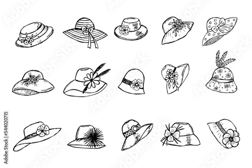 collection of hand drawn elegant ladies hats, doodle style