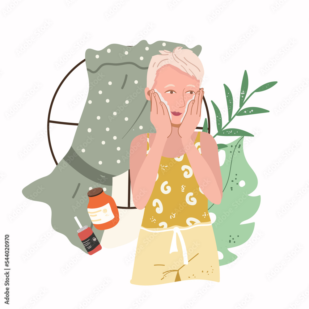 Obraz premium Skin care concept. Blond woman doing cosmetic spa treatments for face, for skin. Morning routine. Organic products. Vector illustration in flat cartoon style.