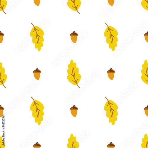 Hand drawn style vector illustration seamless pattern of oak leaf and acorn. Autumn theme background. Color sketch isolated on white
