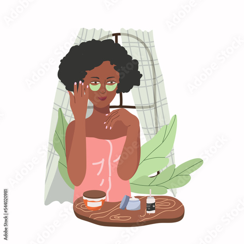 Skin care concept. Black woman do cosmetic spa procedures for face, for the skin, with patches. Morning routine. Organic products. Vector illustration in flat cartoon style.