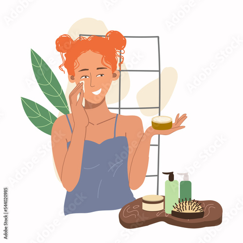 Skin care concept. Woman do cosmetic spa procedures for face, for the skin, smears cream. Morning routine. Organic products. Vector illustration in flat cartoon style.