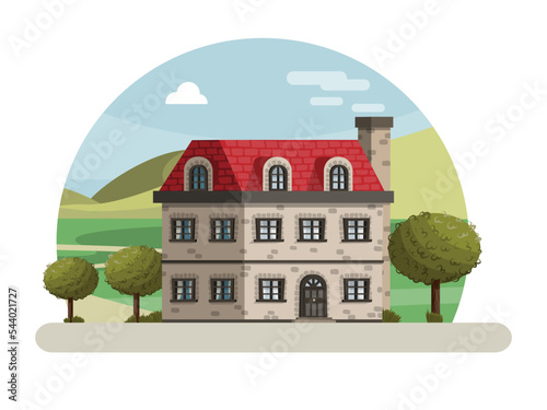Village three story building on a nature background