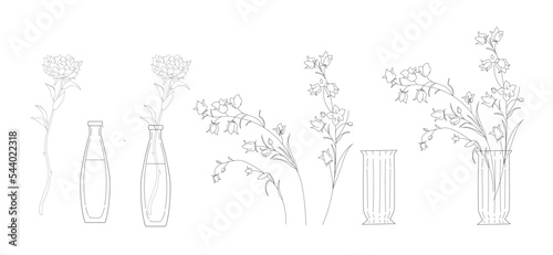 Wildflower with glass vase and bottle vector hand drawn illustration set, floral collection, botanical elements