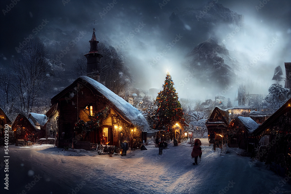 Fairy village with Christmas decoration. Digital art