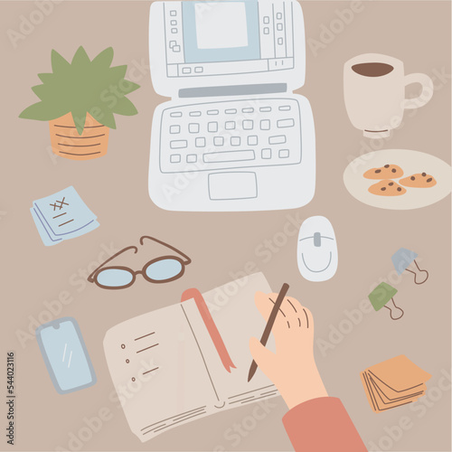 Hand drawn vector symbols. Set of elements: notebook, mobile phone, laptop and office supplies