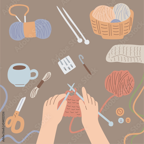 Vector illustration set of art supplies, tools for knitting and embroidery.
