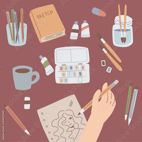 Hobby hand drawn vector symbols. Set of supplies for hobby and handmande elements