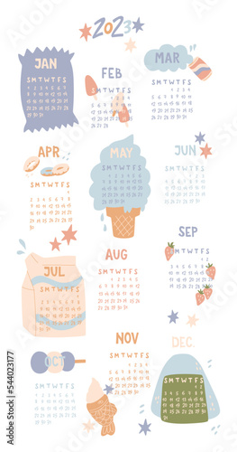 Vector illustration hand drawn calendar for 2023 with cute sweet food. Vector doodle illustration.
