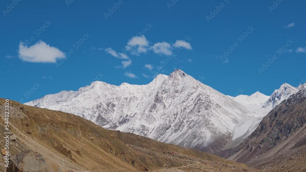 Shot of snow covered mountain peaks of Spiti valley during the winter season at Lahaul and Spiti district in Himachal Pradesh, India. View of snow covered mountain peaks of Spiti during winter. Shot of snow covered mountain peaks of Spiti valley during the winter season at Lahaul and Spiti district in Himachal Pradesh, India. View of snow covered mountain peaks of Spiti during winter.