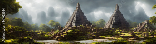 Artistic concept illustration of an Aztec temple, background illustration.