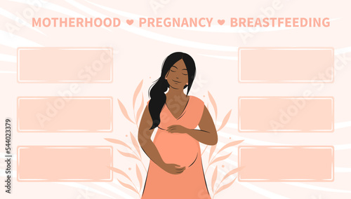 Banner about pregnancy, breastfeeding and motherhood. Pregnant woman, future mom. Tips, different data, informations expectant mothers. Vector illustration.