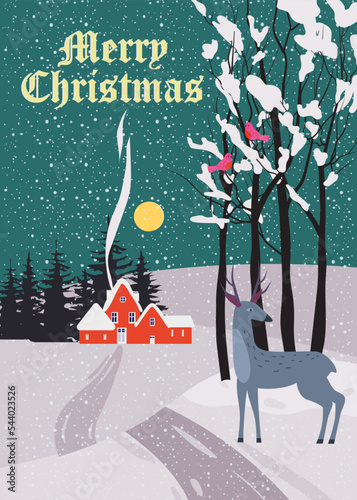 Winter village rural winter snow landscape, Merry Christmas retro greeting card