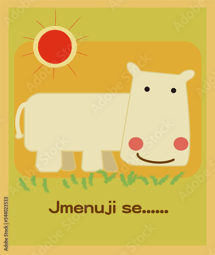 草原で遊ぶカバと太陽のイラスト