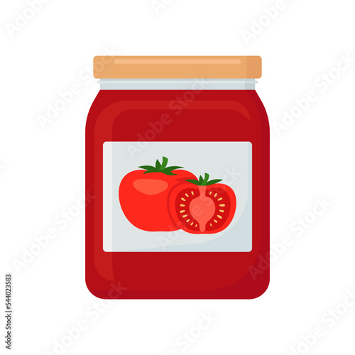 Tomato juice in glass jar, tomato pasta. Bottle with preserve, canning. Vector illustration