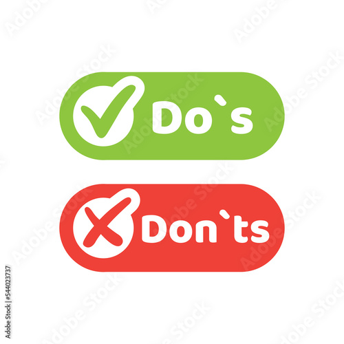 Do`s and Don`ts colorful vector button set. Check and cross green and red icon set.