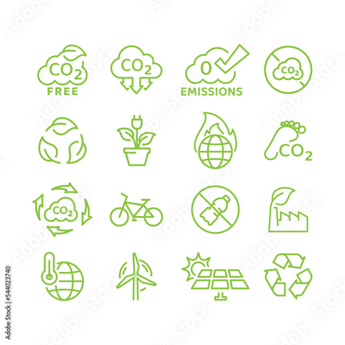 Foto Zero emissions, carbon footprint reduction vector icon set