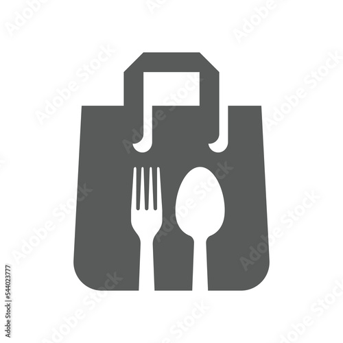 Food delivery black vector icon. Take away, take out shopping bag with spoon and fork filled symbol.