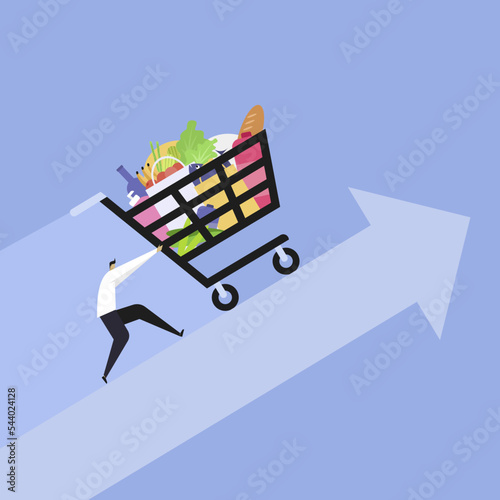 Illustration of a customer pushing the shopping cart up. A price hike concept