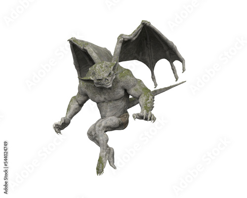 3D illustration of a moss covered stone Gargoyle fantasy creature isolated on a transparent background.
