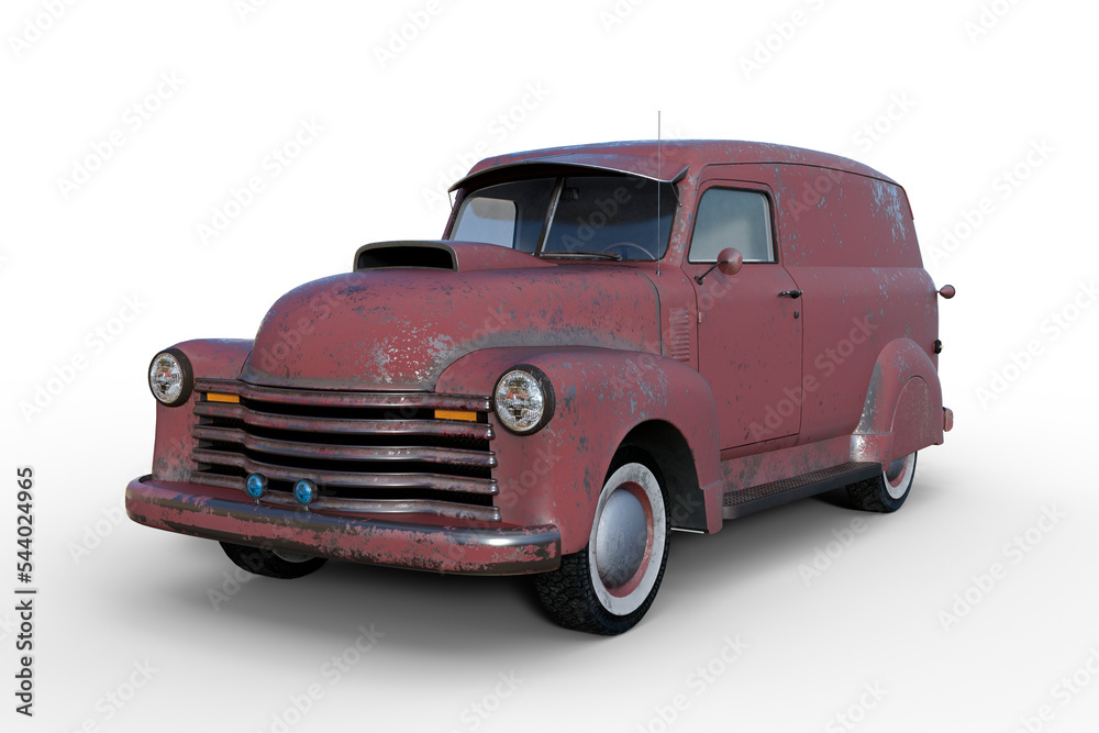 3D rendering of an old vintage American panel van with faded and peeling red paintwork isolated on transparent background.