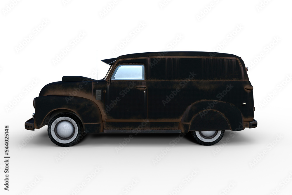 Side view 3D rendering of an old black retro American panel van isolated on transparent background.