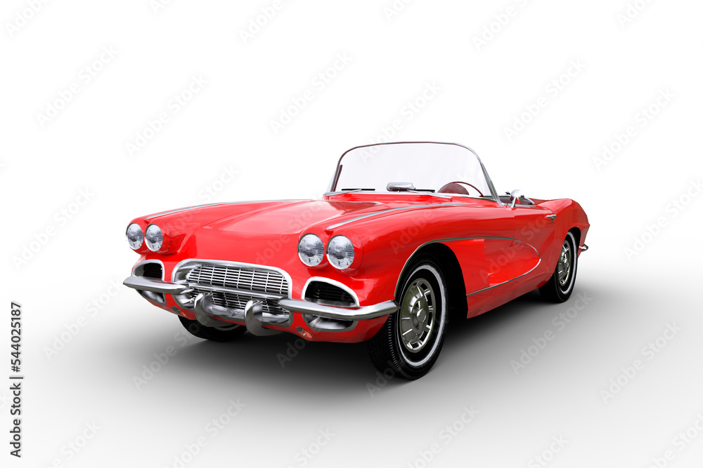 3D illustration of a retro convertible red roadster car isolated on a transparent background.