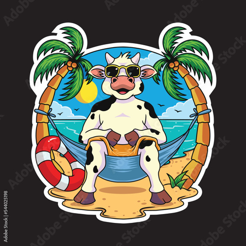 Cow relaxing on the beach illustration premium vector