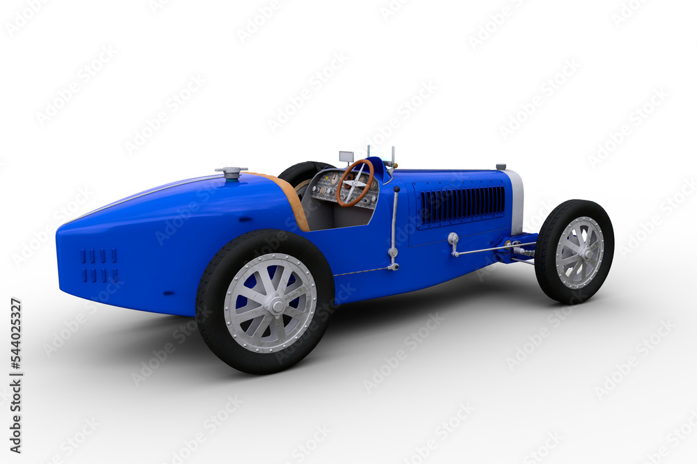 Rear perspective 3D illustration of a vintage blue racing car isolated on transparent background.