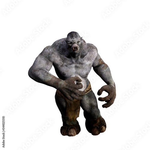 3D illustration of a fantasy mythical troll creature from Scandinavian folklore charging toward the camera isolated on a transparent background.