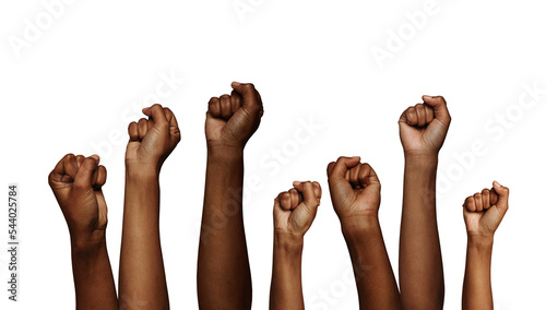 Fotografiet Group of raised fists isolated on a transparent background