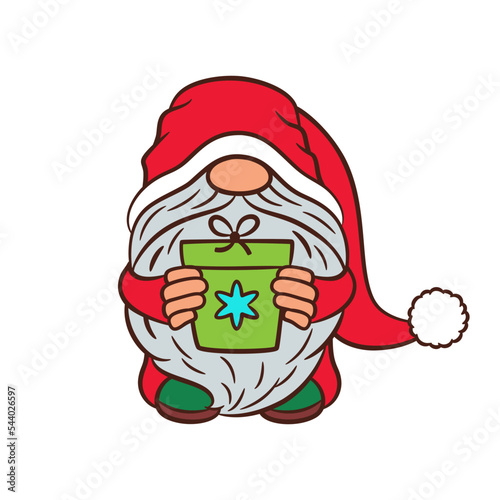 Cute Christmas gnome holding a gift box in hands. Cartoon Scandinavian gnome Tomte character illustration. Little gnomie doodle. Traditional red green Xmas colors. Fun nordic dwarf outline drawing.