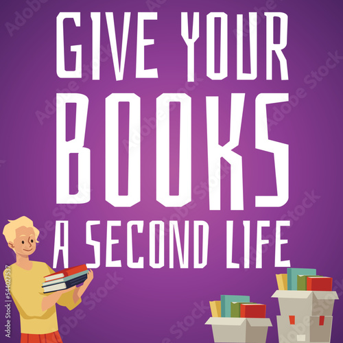 Secondhand bookshop or bookcrossing banner or poster, flat vector illustration.