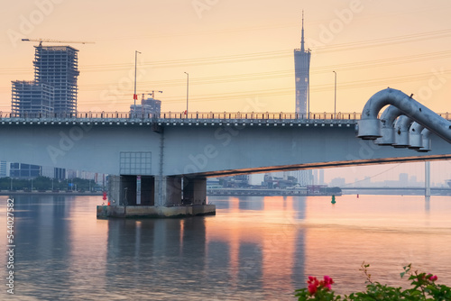 Skyline, bridge and river landscape of modern urban architecture in guangzhou, china