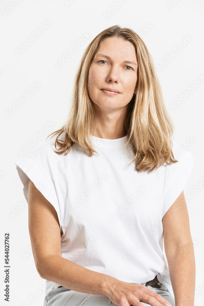 Blond woman against white background Blond woman against white background