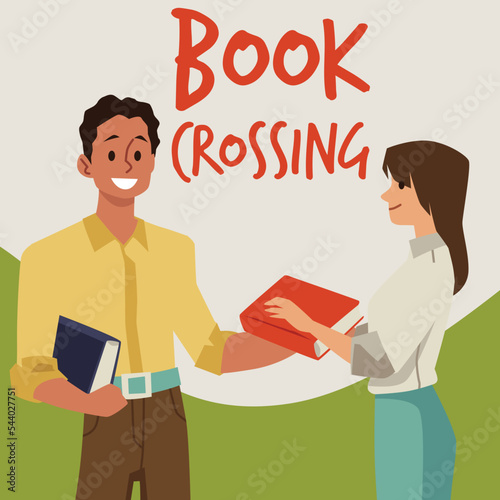 Bookcrossing poster template, man and woman exchange books - flat vector illustration.