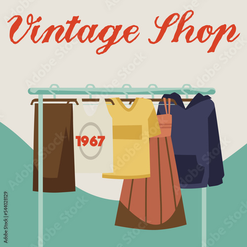Vintage shop advertising poster template, flat vector illustration.