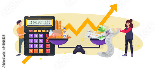 Inflation concept. Growth of prices on food, products. Woman holding receipt from the shop, bill. Man with a calculator. Rising costs. Financial crisis. Flat vector illustration.