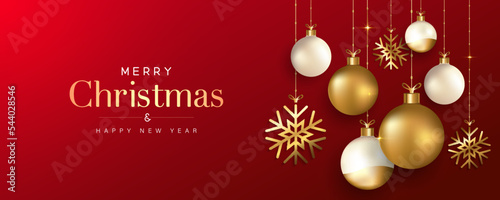 Christmas red banner background with glossy balls and snowflakes hanging on ribbon. Merry christmas greeting card. Luxury and elegant xmas holiday design. Vector Illustration