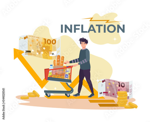 Inflation concept. Growth of prices of food. Man with a shopping cart shocked by the cost of products. Loss of purchasing power. Shopping in the grocery store. Money cash and coins. 