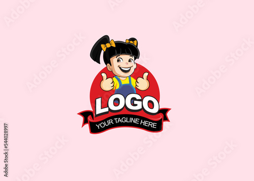 Logo Character design with Cute Anime character. Design colorful style with badge. Outline vector illustration