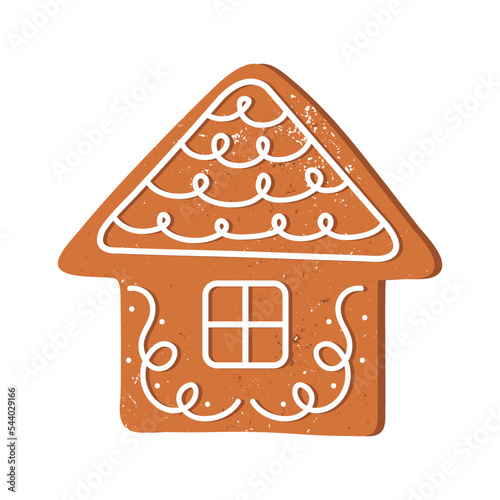 Gingerbread house isolated on white background. New Year and Christmas gingerbread. Winter homemade sweets. Festive New Year food. Traditional sweet xmas biscuits. Cartoon flat vector illustration.