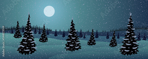 Vector illustration. Night winter blizzard landscape. fir trees, snowdrifts and moon.
