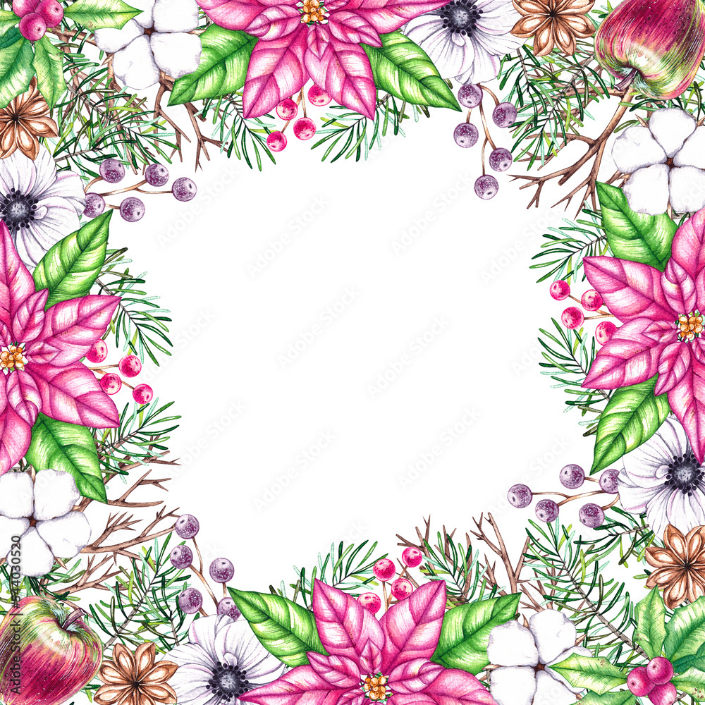 Watercolor backgrounds with pink and white Christmas plants