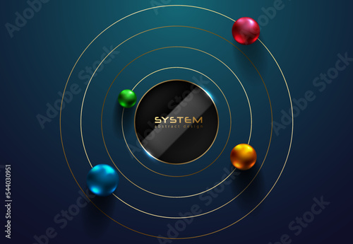 Shiny metallic spheres orbit around cut black center frame on dark blue background. Science or education futuristic abstract design. Solar system golden circle tech style vector illustration